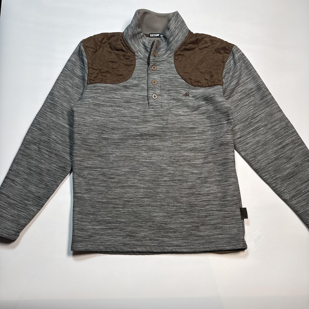Catchin' Deers Sweater Mens Medium Gray Quilted Henley‎ Mock Neck Hunting